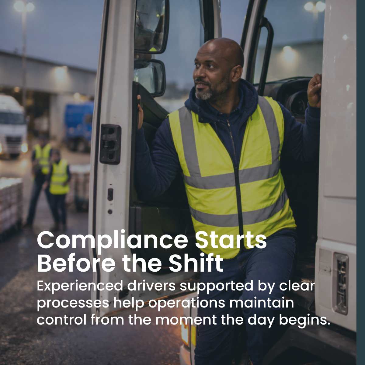 compliant-logistics-driver-supply Professional HGV driver reviewing transport paperwork within compliant logistics operation