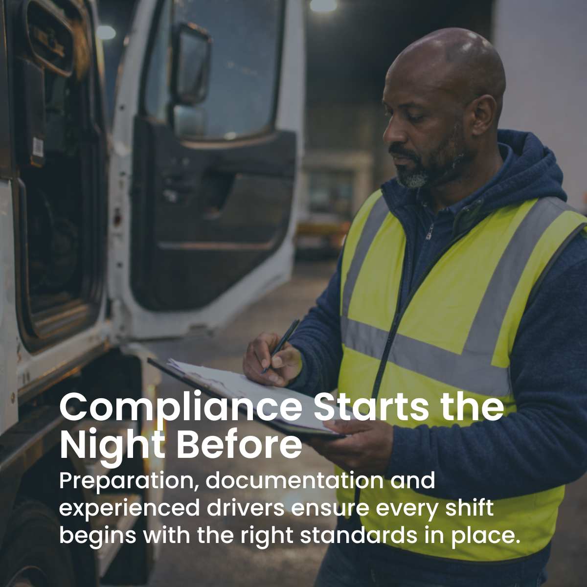 hgv-driver-compliance-check. HGV driver completing vehicle checks and documentation before starting delivery route