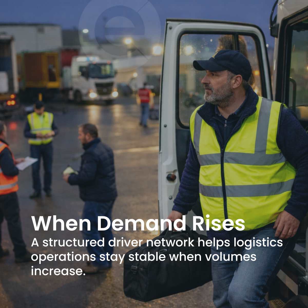 hgv-driver-peak-logistics-demand HGV driver arriving for shift during busy logistics period supported by structured agency driver network